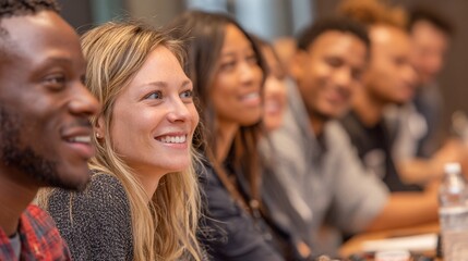 Obraz premium Diverse group of people attending a seminar or conference looking happy and engaged