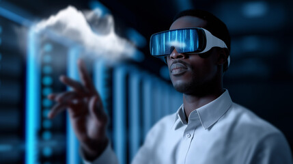 Man wearing VR headset interacting with holographic cloud in futuristic server room. 

