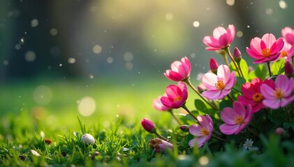 Gentle spring rain nourishes blooming flowers, symbolizing growth, renewal, and the nurturing power of nature A vibrant scene of springtime's gentle caress , green, garden