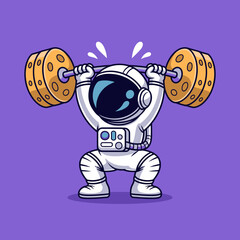 In this playful illustration, an astronaut demonstrates strong determination and strength while lifting oversized weights amidst a vibrant cosmic backdrop.