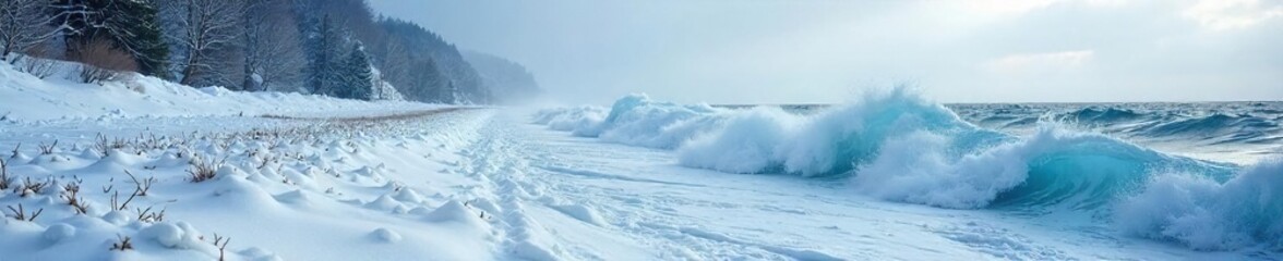 Icy waves crash against a frozen shoreline during a harsh winter tide The stark landscape showcases the raw power of nature's elements in the coldest season , gale, coastline