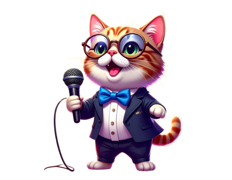 - Minimalist Smart Cat Wearing Glasses Singing – Studio PNG (2)