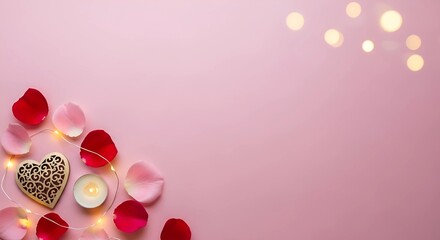 Romantic Valentine's Day background with rose petals, a heart cookie, fairy lights, and a candle on a soft pink surface, creating a festive and celebratory mood