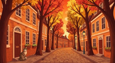 Fototapeta premium Autumn Street Scene with Cat, Trees, and Buildings.