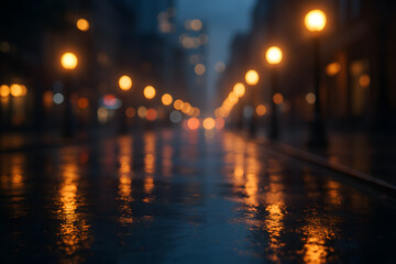 A dreamy and blurred urban scene featuring water reflections on a quiet street illuminated by soft street lights, creating a serene and tranquil city vibe.