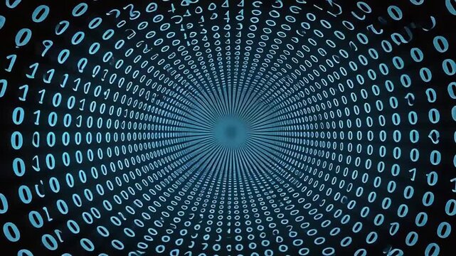Abstract digital tunnel of glowing blue binary code data stream