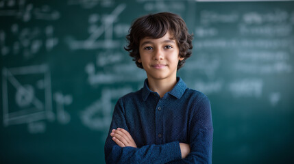 Smart young student standing in front of chalkboard with arms crossed. 
