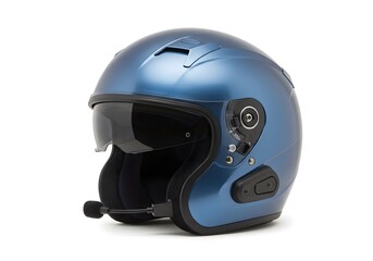 Fototapeta premium Stylish metallic blue motorcycle helmet offers modern safety and hands-free communication for motorcycle enthusiasts and urban riders today