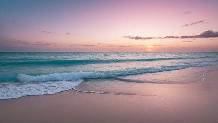 Beach sunset, calm ocean, pastel sky, turquoise water, serene nature, tropical landscape