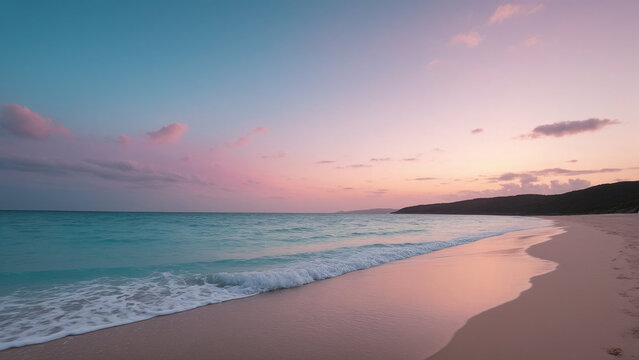 Serene beach sunrise, tropical coast, pastel clouds, calm sea, empty sand, landscape