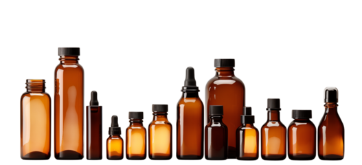 Amber Glass Bottles and Containers: Various Sizes and Shapes transparent background png