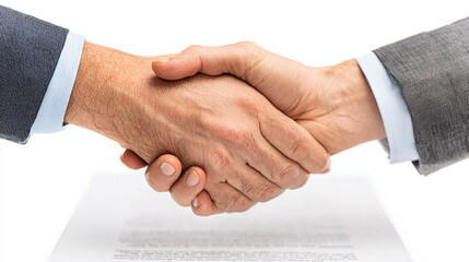Corporate negotiation with handshake and contract on white background