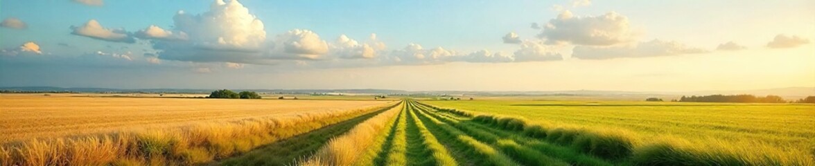 Fototapeta premium Serene landscape of flat farmland stretching to the horizon under a vast sky Perfect for illustrating rural tranquility and agricultural themes , farmland, environment