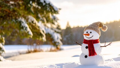 冬の景色と笑顔の雪だるまのイラスト　生成AIイラスト