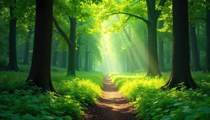 Obraz premium Sun-Dappled Forest Path A Serene Escape to Natures Tranquility. Perfect for wellness, travel, and ecological themes; evokes calm and peace.