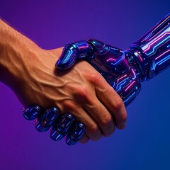 Futuristic and High-Tech Handshake Between a Human and a Cybernetic Robot Hand, Illuminated with Neon Lights.