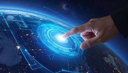 Futuristic global network connection concept with businessman touching digital hologram interface over Earth