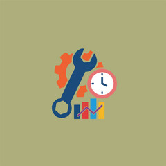 A digital illustration features a wrench over a gear, a clock and a graph with bars and a line on a light olive-green background.