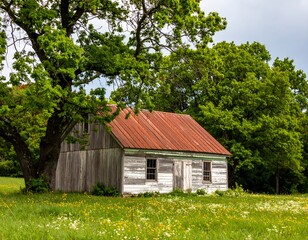 Obraz premium Rustic weathered house in a meadow