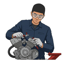 A focused young male mechanic in blue coveralls and protective eyewear meticulously adjusts a component on a v-twin motorcycle engine using a precision tool.