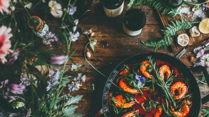 Cooking shrimp paella in a rustic kitchen food photography cozy atmosphere overhead view culinary delight