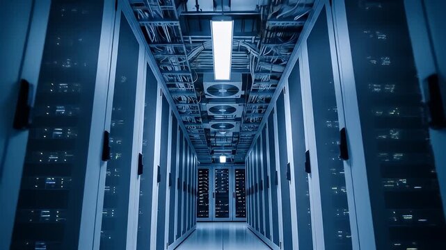 High-Tech Data Center with Server Racks and Blue Lighting
