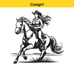 Obraz premium Grace in Motion – Western Horsewoman Riding with Power and Poise in Vintage Ink Detail