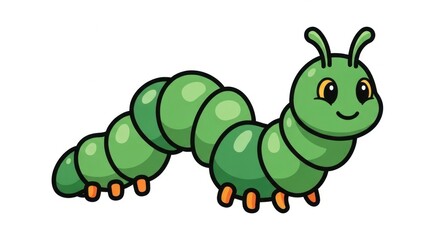 Naklejka premium Cartoon Green Caterpillar with Smiling Face on White Background