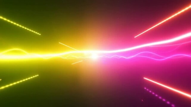 Infinite futuristic abstract background in orange, pink and purple neon glow colors. Neon line zoom meteor space with vibrant and wonder lights.Space background for event, party, carnival, celebration