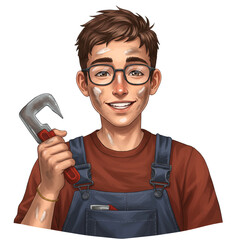 A cheerful young man with glasses and paint smudges on his face smiles warmly while holding a tool, dressed in overalls for a home improvement project.