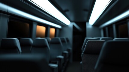 Empty modern bus interior at night