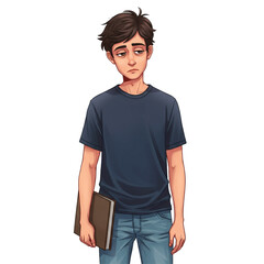 A portrait of an exhausted young man with messy hair and dark circles under his eyes, holding a book and wearing casual clothes, looking sad and overworked.