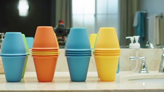 Vibrant Stackable Plastic Cups in Blue Orange and Yellow on a Modern Bathroom Vanity Colorful Nesting Cups for Kids and Household Organization