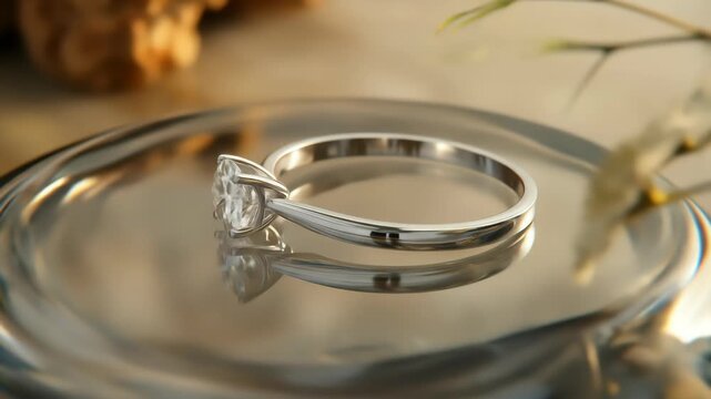 Elegant diamond ring detail shot on reflective glass surface showcasing brilliance and light refraction surrounded by decorative greenery.