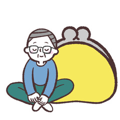 お財布の横に眠るシニア男性のイラスト