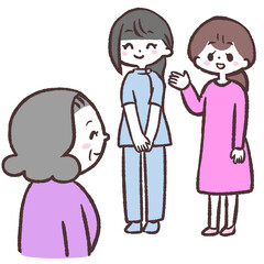 スタッフをシニア女性に紹介する女性のイラスト