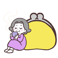 お財布のそばでお茶を飲むシニア女性のイラスト
