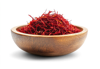 Fototapeta premium saffron thread in the wooden plate, isolated on the white background.