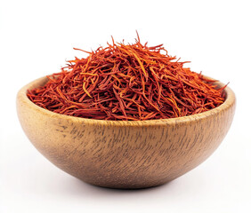 Fototapeta premium saffron thread in the wooden plate, isolated on the white background.