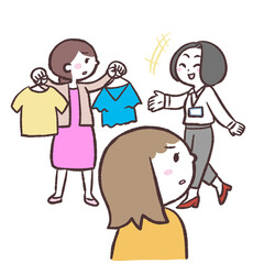 服選びに声かける店員のイラスト