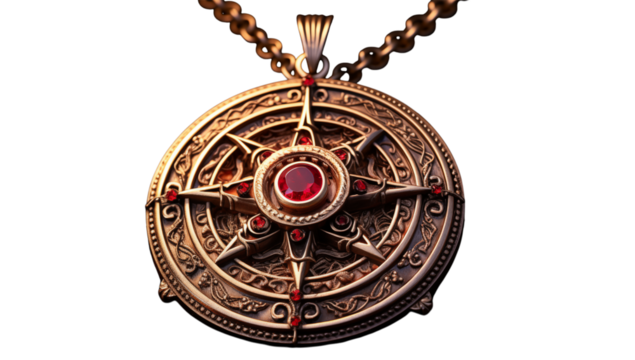 Ornate Compass Pendant with Ruby Centerpiece transparent background png