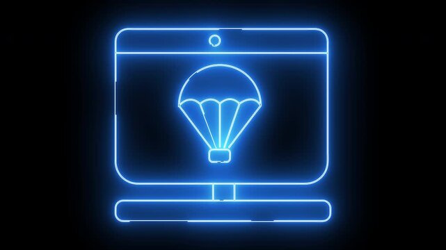 monitor screen icon and parachute icon with neon effect
