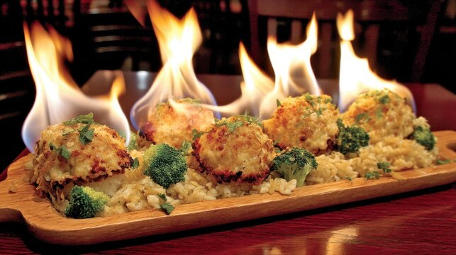 Flaming culinary delight gourmet dish presentation restaurant food photography vibrant atmosphere close-up gastronomy