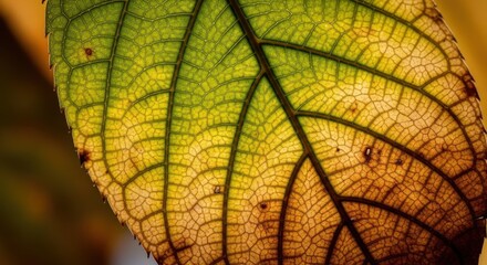 Obraz premium Close-up of a colorful leaf with intricate veins.