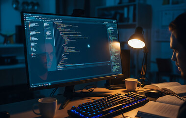 夜のデスクでコーディングに集中するプログラマーと光るキーボード