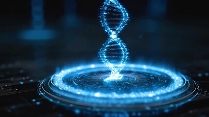 Holographic DNA strand glowing blue light above digital futuristic interface symbolizing advanced gene biotechnology innovation and technology - Powered by Adobe