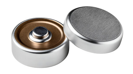 Close up shot of two silver button cell batteries on a white background