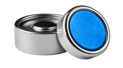 A close up shot of two button cell batteries on a white surface studio