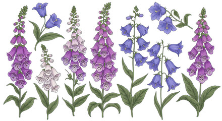 Detailed illustrations of foxgloves and bluebells on a white background showcasing botanical beauty