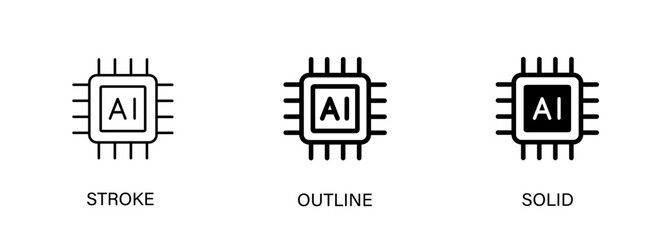 Obraz premium AI chip icons for computer, phone, technology, artificial intelligence, CPU. Vector line and solid icons.